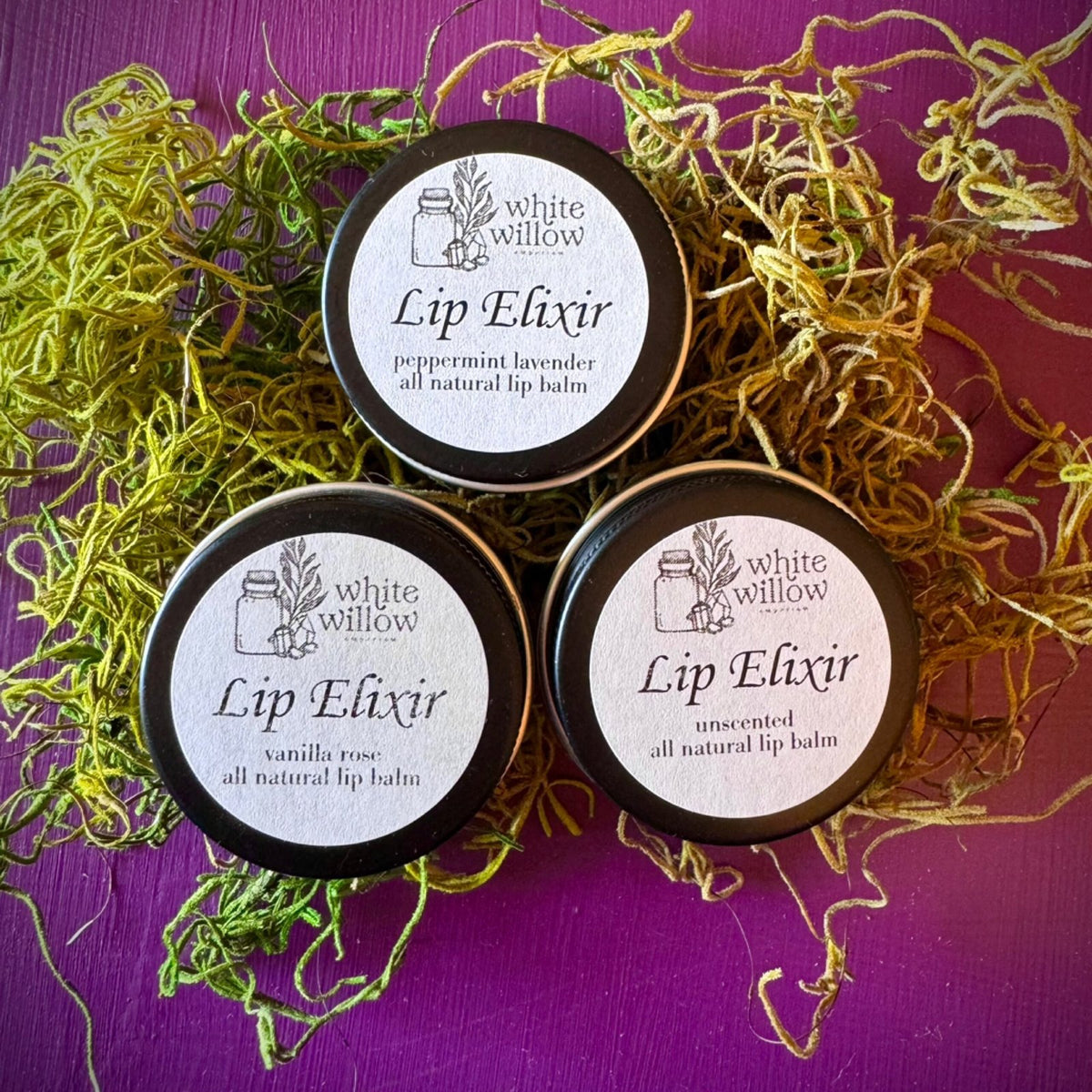 Three tins of 'White Willow' Lip Elixir on a purple background with greenery.
